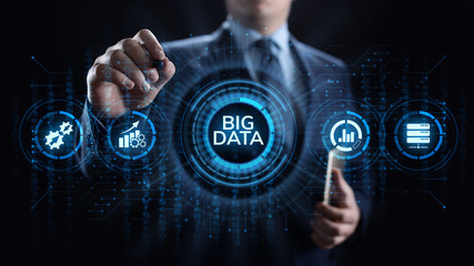 Big data analytics technology internet technology concept. Businessman pressing button on virtual screen.