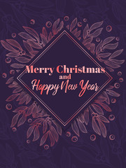Vertical christmas banner with hand draw lineart illustration of imistletoe and square banner and text merry x-mas and happy new year in pink gold colors. Holiday concept of postcard, greeting card, w