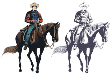 Stock illustration. Cowboy at horse. - obrazy, fototapety, plakaty