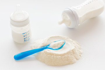 Baby food. Powder in spoon near baby bottle on white background