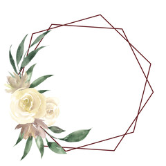 Frames with watercolor hand draw flowers and leaves, and geometry element, for wedding design