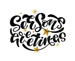 Fototapeta na wymiar Seasons Greetings - Happy New Year - Winter Holidays - hand drawn doodle lettering poster banner art. Merry Christmas - holly jolly lettering postcard.