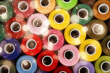 Spools of colorful thread, different colors background