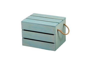 Wooden box with a lid on a white background. Turquoise storage box