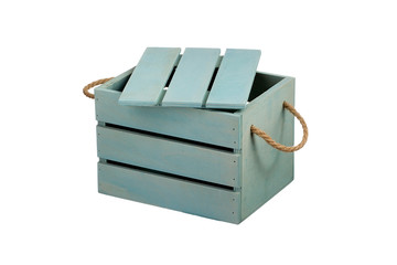 Wooden box with a lid on a white background. Turquoise storage box