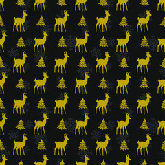 Vector seamless pattern with golden christmas deers and trees on black background. Christmas elements for greeting card, gift box, fabric, wallpaper, textile, package, web design.