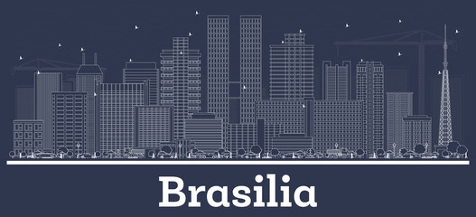 Outline Brasilia Brazil City Skyline with White Buildings.