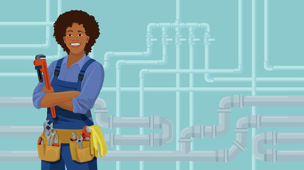 Female African American worker with plumbing tools stands front the pipeline background. Cartoon smiling woman plumber. Water piping system repair concept. Vector illustration with copy space.