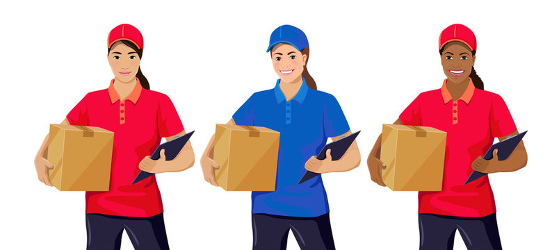 Set of young delivery women: Asian, European, African American. Smiling female courier wearing t-shirt and cap holding box and clipboard. Front view. Vector illustration isolated on white background.