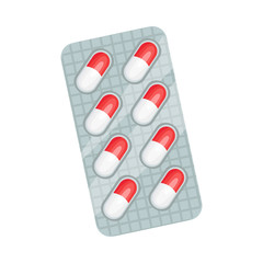 Red white capsules in a blister. Vector illustration on a white background.