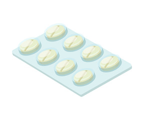 Round white pills in a blister pack. Vector illustration on a white background.