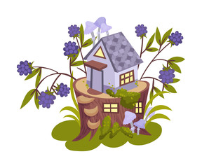 Little lilac house on a stump. Vector illustration on a white background.