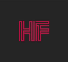 Initial two letter red line shape logo on black vector HF