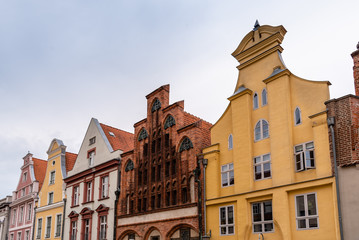 Traditional colorful houses with gable in the old town of Stralsund.