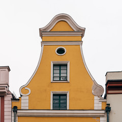 Traditional colorful houses with gable in the old town of Stralsund.