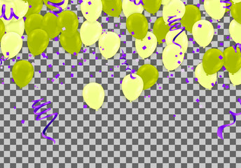 Stock vector illustration party flying Golden and various colors realistic balloons. Defocused macro effect. Templates for placards, banners. New Year Funky Decoration. Hipster Seasonal Sale Confetti