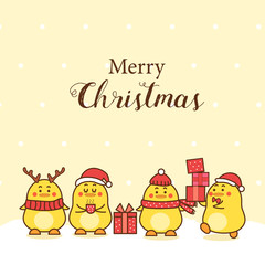 cute yellow duck holding a presents cartoon hand drawn for Christmas 