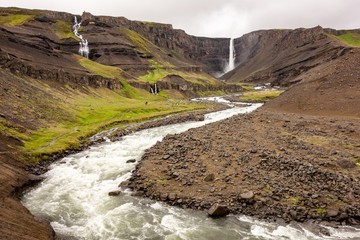 Majestic Hengifoss waterfall in Iceland in overcast weather