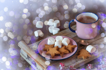Obraz na płótnie Canvas Winter hot drink, cocoa, hot chocolate, homemade cookies on a wooden table. Christmas holiday background.