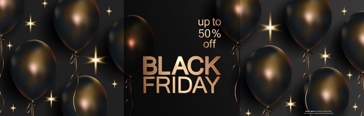 Naklejka premium Black friday sale, horizontal banner with flying black balls. Bright advertising design. Vector illustration
