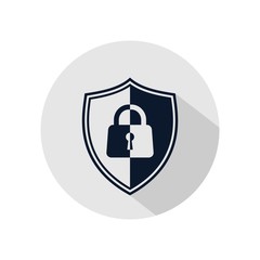 Shield security with lock icon vector, isolated on grey circle. Protection, safety, security, privacy sign