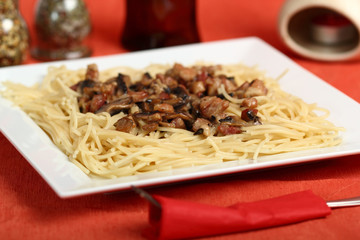 Spaghetti with Mushroom Sauce and Bacon