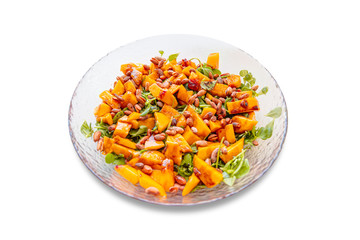 Peach and purslane salad isolated on white background