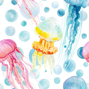 beautiful watercolor illustration, jellyfish and bubbles, seamless pattern