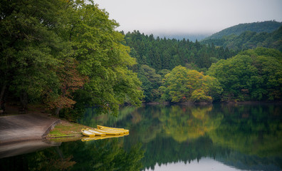 Fototapeta na wymiar Choro mirror lake during early autumn season,Sendai, Japan.
