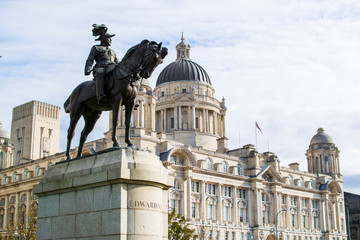 Monument to King Edward VII at the foreground with Port of Liverpool Building (or Dock Office) at...