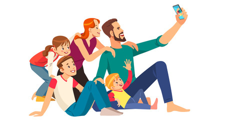 Family, happiness, generation and people concept - happy family making selfie with smartphone. Cartoon Vector Illustration.