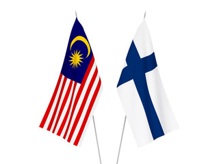 National fabric flags of Finland and Malaysia isolated on white background. 3d rendering illustration.