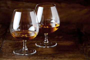 Brandy snifter glasses in close-up with copy space