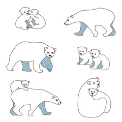 A set of isolated polar bears and cute cubs on a white background