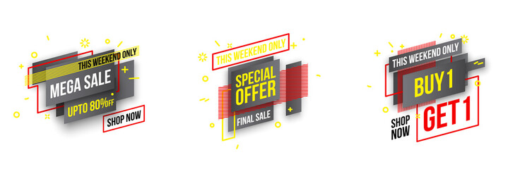 Abstract mega sale flat badges geometric shapes set. Final sale banner isolated on white background. Yellow, red, green and black colors special offer banner set. Shop now web app, poster illustration