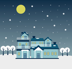 Illustration of snow at night with a view of the full moon. Christmas time in the blue house vector.