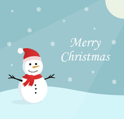 Illustration of a snowman in the winter. Christmas greetings with blue background