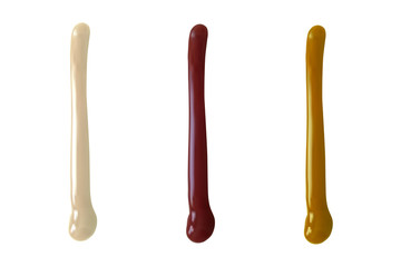 A line of mustard, mayonnaise, ketchup.
