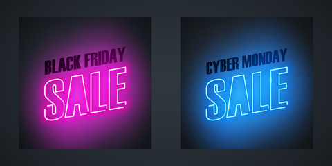 Black Friday Sale and Cyber Monday Sale neon promotional signs for sale promotion, online business, internet commerce, discount shopping and advertising. Vector illustration.