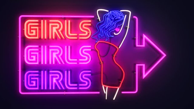 Realistic 3D render of a vivid and vibrant animated flashing neon sign for an adult club depicting the words Girls Girls Girls, with a plain background