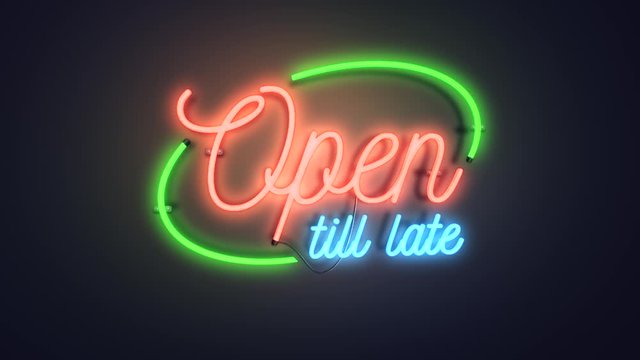 Realistic 3D render of a vivid and vibrant animated neon sign, with the words Open Till Late illuminated, with a plain background