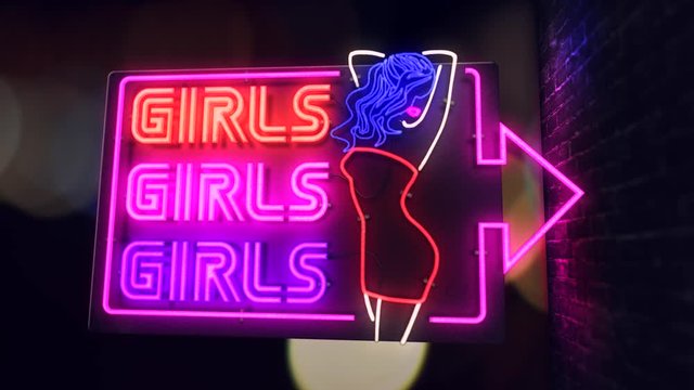 Realistic 3D render of a vivid and vibrant animated flashing neon sign for an adult club depicting the words Girls Girls Girls, with a night scene background