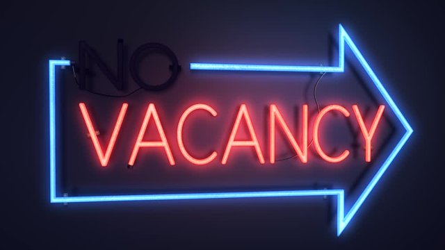 Realistic 3D render of a vivid and vibrant animated neon sign, with the word Vacancy illuminated, with a plain background