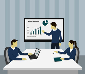 Fototapeta premium Business people are presenting on how to develop a business. Making strategies and plans in business. flat design elements. Teamwork in discussing and creating new ideas, flat vector illustration..