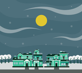 Fototapeta premium Illustration of light green house in winter and snowflakes. Housing in the village with a flat and cartoon design. December, Merry Christmas and Happy New Year.