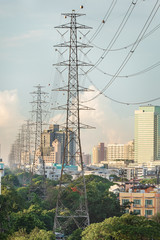 The electricity power lines  pass through the city, Bangkok, Thailand