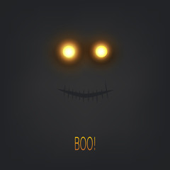 Happy Halloween Card Template - Creepy Face with Glowing Eyes in the Dark - Vector Illustration