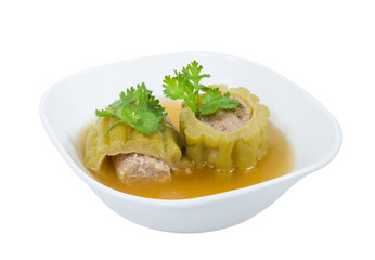 Stuffed bitter gourd soup with seasoned minced pork on isolated on white background,clipping path