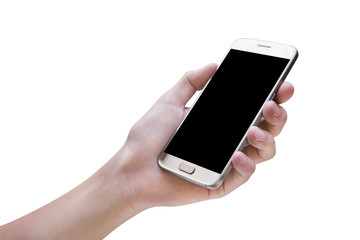 hand holding mobile smart phone  isolated on white background,clipping path