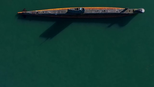 Aerial 4K drone footage top down view view of the HMAS Otama submarine, a wreck outside Hastings in Victoria Australia